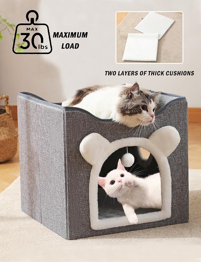 Cat Bed for Indoor Cats Foldable Cat Houses with Fluffy Ball and Scratch Pad Large Cat Cave Green Cat Hideaway - Image 4
