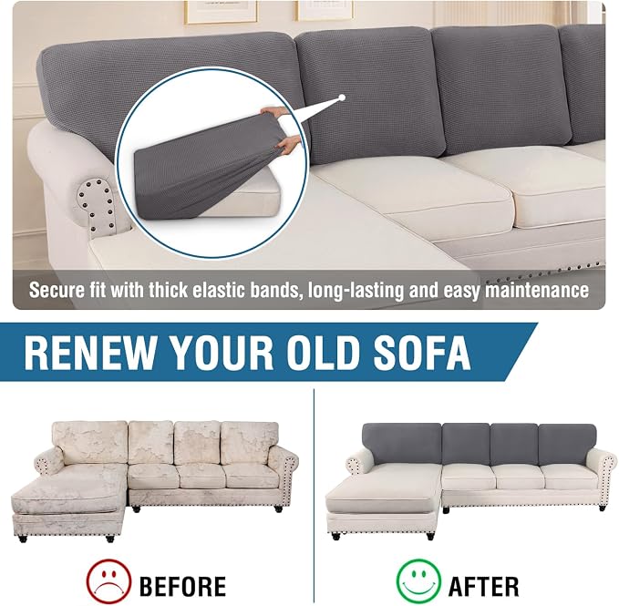 H.VERSAILTEX Backrest Cushion Covers Sectional Couch Back Cushion Covers for Sectional Sofa Set for Both Left/Right Couch (Back Only: 1 Chaise + 3 Sofa, Charcoal Grey) - Image 5