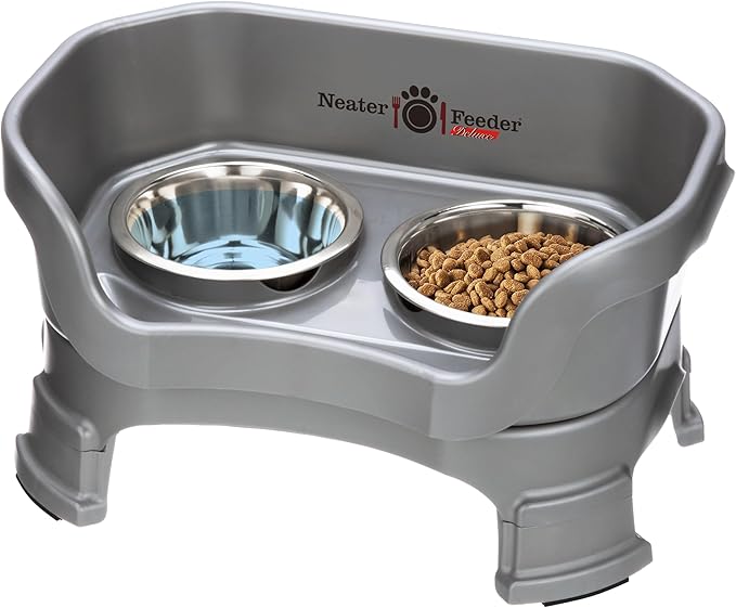 Neater Feeder Deluxe Mess-Proof Elevated Cat Bowls, 2 Height Adjustable (6” & 7.5”) No-Spill Raised Cat Bowl Stand, Whisker Friendly Stainless Steel Dishes for Indoor Cats, Made in USA, Gunmetal by NeaterPetBrands