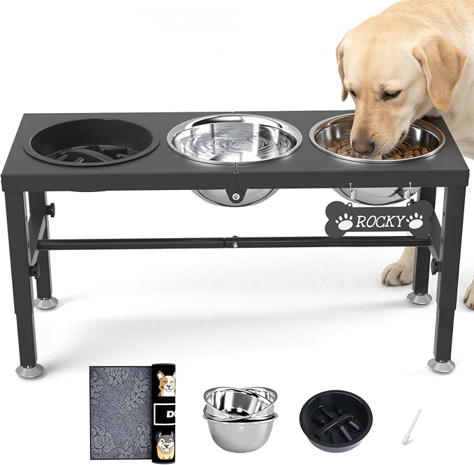 3-in-1 Slow Feeder Dog Bowl Stand, Elevated Raised Feeder with 1 Slow Feed & 3 Stainless Steel Bowls, Iron Stand, Custom Name Plate & Mat - Easy Clean for Fast Eaters, Multiple Dogs by ADENGL