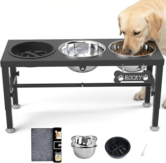 3-in-1 Slow Feeder Dog Bowl Stand, Elevated Raised Feeder with 1 Slow Feed & 3 Stainless Steel Bowls, Iron Stand, Custom Name Plate & Mat - Easy Clean for Fast Eaters, Multiple Dogs by ADENGL
