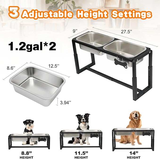 Metal Elevated Dog Bowls Medium/Large Breed with 2 Thick 1.2GAL Stainless Steel Raised Dog Bowl, Adjustable Height 3 Levels (8.8"-11.5"-14") Neck & Joint Protection - Image 4