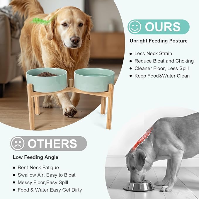 SPUNKYJUNKY Elevated Dog Bowls Ceramic, 8.3'' Dogs Food Water Bowls Raised with Non-Slip Bamboo Stand for Large Sized Breed Microwave Dishwasher Safe - 60 OZ,Light Green - Image 3