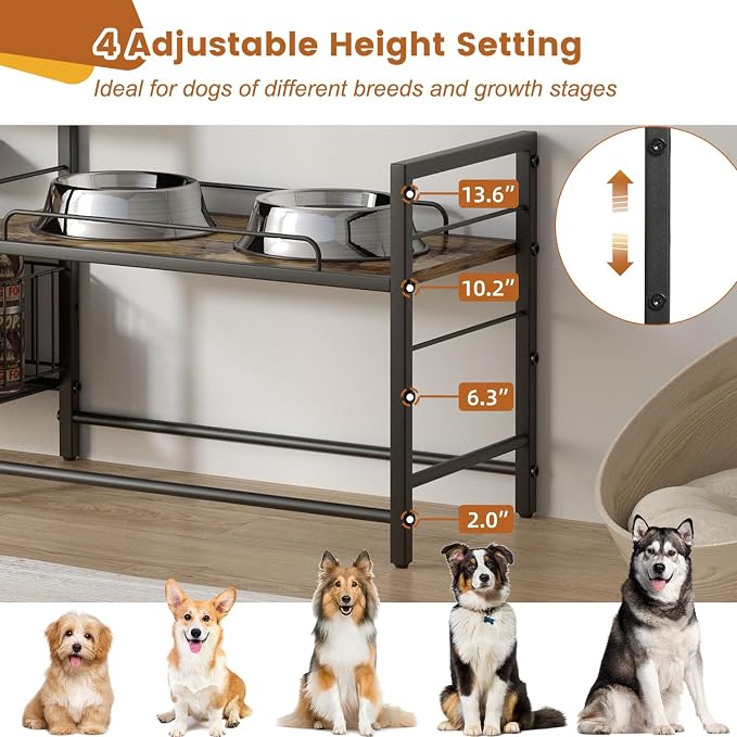 Lomivra Elevated Dog Bowl Stand with Toy Bin Basket, 4 Height Adjustable Raised Feeding Station Cabinet, Lifted Food and Water Bowl Holder, Pet Storage Organizer for Large Medium Small Dogs - Image 3