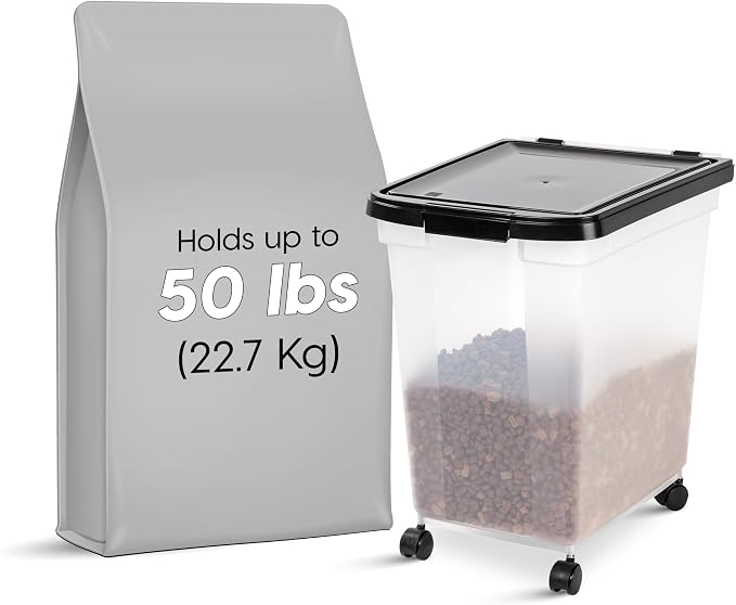 IRIS USA Airtight Dog Food Storage Container, WeatherPro, Up to 50 lbs, Removable Wheels, for Dog Cat Bird and Other Pet Food Storage Bin, Keep Fresh, Translucent Body, Made in USA, Clear/Black - Image 2