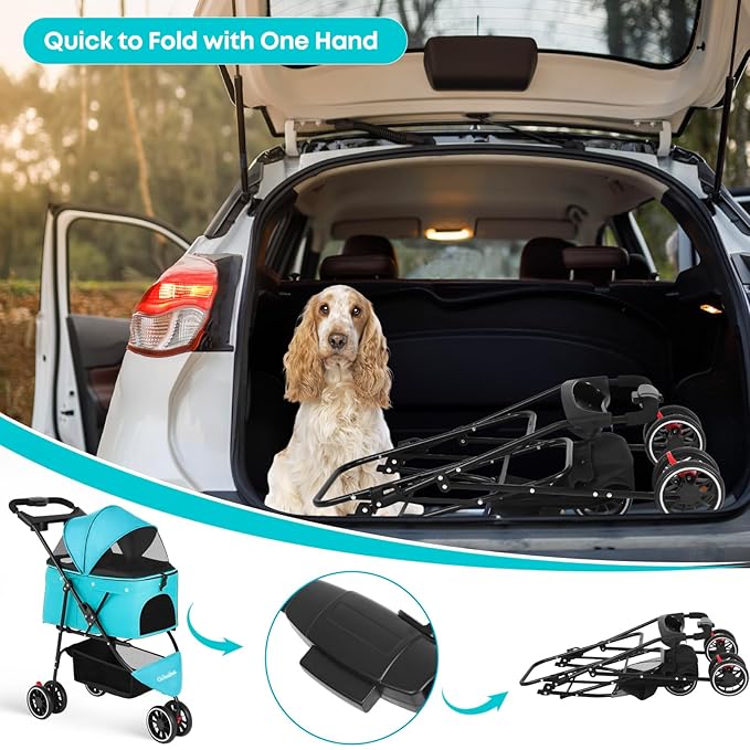 Pet Stroller,Dog Stroller for Small Medium Dogs Cats,3 Wheels,Foldable,with Breathable Mesh Canopy,Cup Holders,Easy Assembly,Mint Green