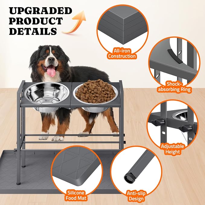 Elevated Dog Bowl for Large Breed, Height Adjustable Feeder with Mat, Gery | Adjustable Height at 15°Tilted Angle, Lightweight, Nonslip, All-Iron Structure, Stainless Steel bowls, Easy Assembly Cleaning - Image 5