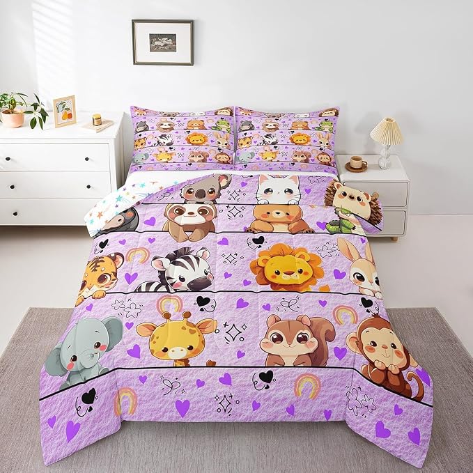 Manfei Cute Wildlife Giraffe Lion Boys Girls Comforter Set Full Size,Kawaii Animals Duvet Set Teens Bedroom Decor,Kids Gifts Cartoon Purple Microfiber Soft Bedding with 2 Pillowcases - Image 2