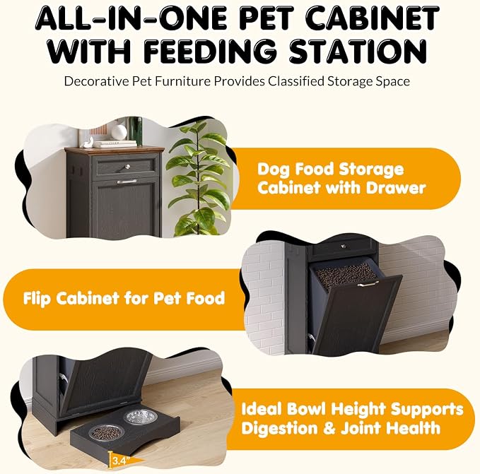 Tilt Out Trash Can Cabinet with Dog Bowl, 10 Gallons Dog Feeding Station with Storage, Dog Food Cabinet with Hideaway Drawer for Kitchen, Living Room,Laundry Room - Image 4