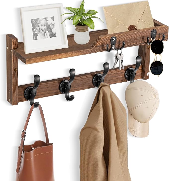dreampossible Coat Rack Wall Mount with Shelf, Coat Hanger Wall Mount with Key Hooks and Mail Holder, Wood Entryway Floating Shelf with Hooks and Storage, Hat Rack for Wall Key Holder Mail Organizer by dreampossible