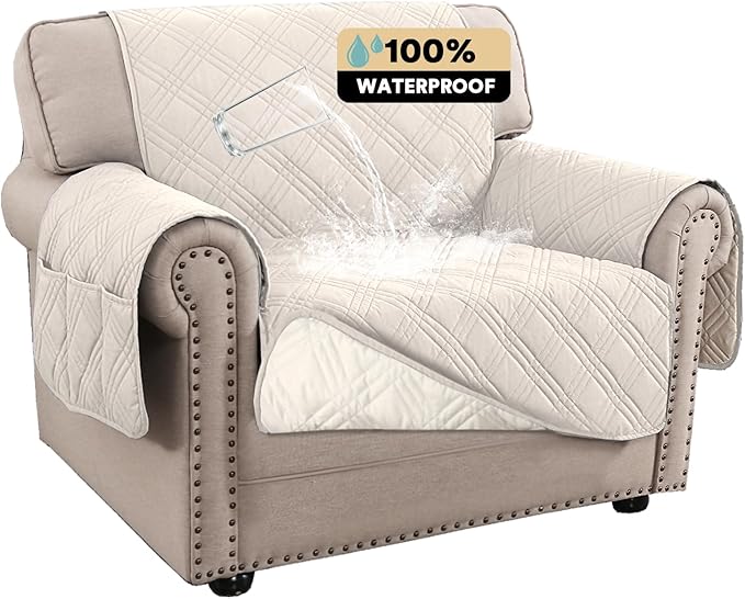 PrinceDeco 100% Waterproof Chair Sofa Slipcover for Living Room Water Resistant Couch Cover Furniture Protector Cover with Elastic Straps for Pets Kids Children Dog Cat(Chair 23", French Oak) by PrinceDeco