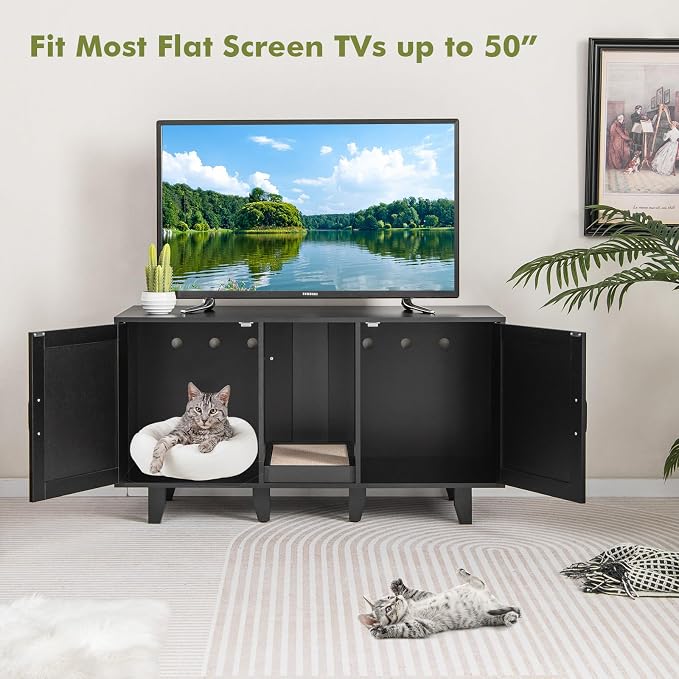 Tangkula Patented Double Cat Litter Box Enclosure for 2 Cats, Large Hidden Privacy Cat Washroom Cabinet with Scratching Board, Indoor Cat House TV Stand Side Table, Litter Box Furniture (Black) - Image 5