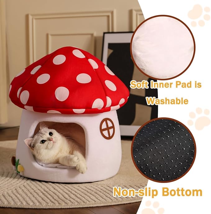 Mushroom Cow Cat Bed House for Indoor Cats & Small Dogs - Soft Cave-Style Pet Nest with Removable Washable Cushion, Plush Semi-Enclosed Cat Cave Tent, Red & White, Cozy Non-Slip Calming Bed - Image 4