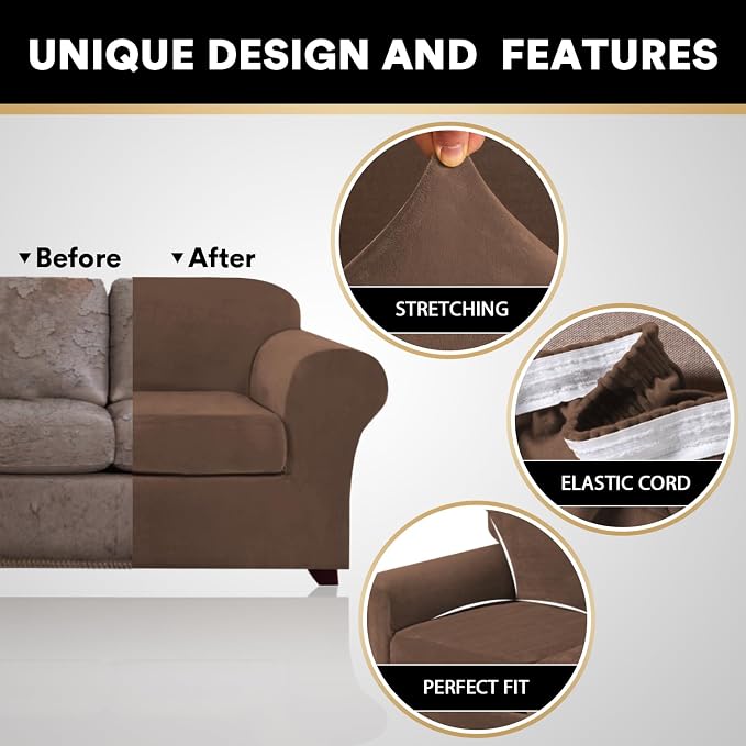 PrinceDeco Velvet Couch Covers for Sofa Soft 4 Pieces Couch Covers for 3 Cushion Couch Sofa Pet Friendly Furniture Protector with Non Slip Elastic Bottom Width Up to 97 Inch (Large Sofas, Caramel) - Image 3
