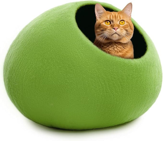 Woolygon Premium Felt Cat Cave Bed – Wool Kitty Beds Handcrafted Kitten Caves Bed for Indoor Cats - Made from Merino Wool, Foldable Cat Hideaway Covered Cat House Pod (Green Plain) by Woolygon