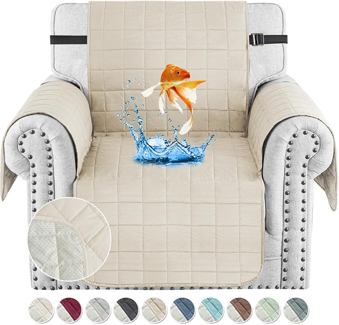 MAXIJIN Waterproof Chair Cover Slipcovers for Pets Dogs, 23.5" Quilted Armchair Sofa Cover Washable Dog Couch Covers Protector with Elastic Strap & Side Pocket (Chair, Beige New) by MAXIJIN