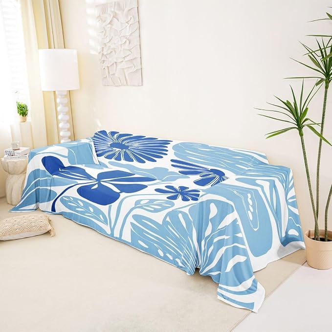 Erosebridal Abstract Blue Flower Couch Cover Boho Floral Sofa Cover Retro Vintage Aesthetic Couch Protector for Women Adult Modern Minimalist 70S Washable Non Slip Sofa Slipcover, 71" X 134" - Image 2