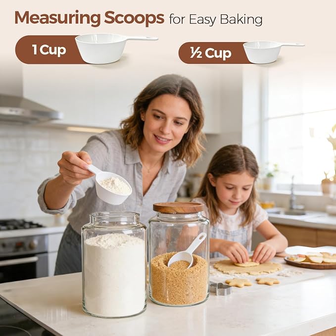 ComSaf Flour Storage Containers with Acacia Wood Lids 1Gallon 2Pack | 4.2Qt Large Glass Jar, for Cooks, Flour Cereal Rice Oats, Kitchen Pantry, 4.4in Wide Mouth, Canister with Scoops & Labels - Image 8
