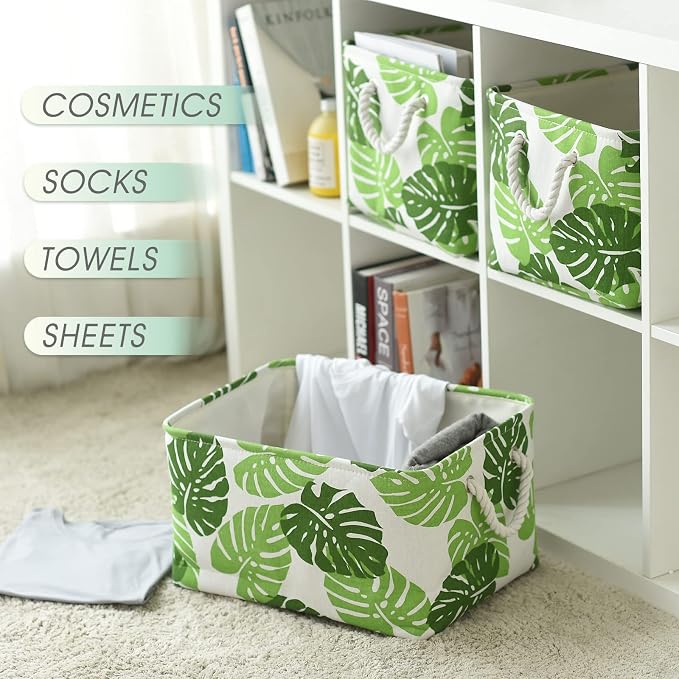 Storage Cubes, Storage Bins Baskets for Organizing 4 Pack for Organizing Toys, Clothes, Closet Baskets with Rope Handles for Nursery Home(White and Green,15.7"L×11.8"W×8.2"H) - Image 4