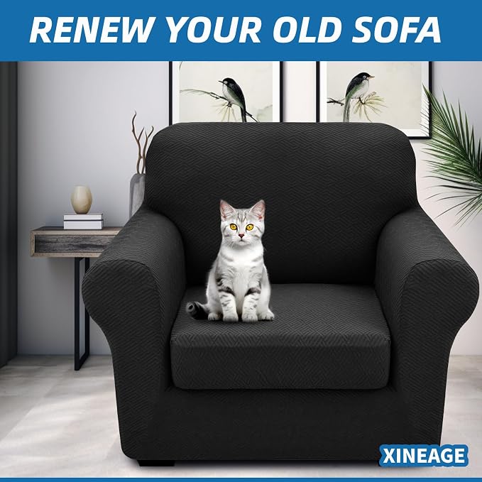 XINEAGE 2026 New 2 Pieces Chair Covers with Arms Super Stretch Chair Slipcover for Living Room Pet Dog Universal Slip Cover Anti Slip Armchair Furniture Protector (Black), 31"-46"(1 Cushion) - Image 4