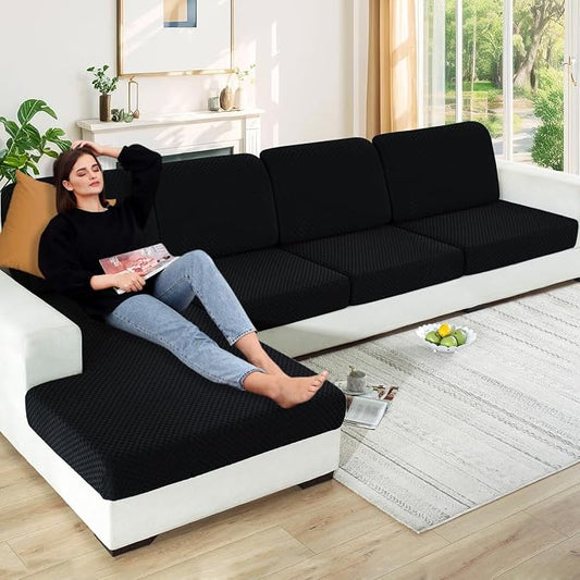 YEMYHOM Stretch Individual Cushion Covers Sofa Seat Cushion Slipcovers Soft Couch Cover Replacement Large Checkered Furniture Protector with Elastic Bottom (3 Pc Cushion Cover, Black) by YEMYHOM