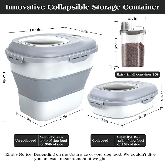 TIOVERY Dog Food Storage Container, Airtight Collapsible 13lb to 30lb Pet Food Container with Flip Top, Rolling Wheel, Scoop and 3L small container for Dog Cat Food and Dry Food of Rice, Flour - Image 2