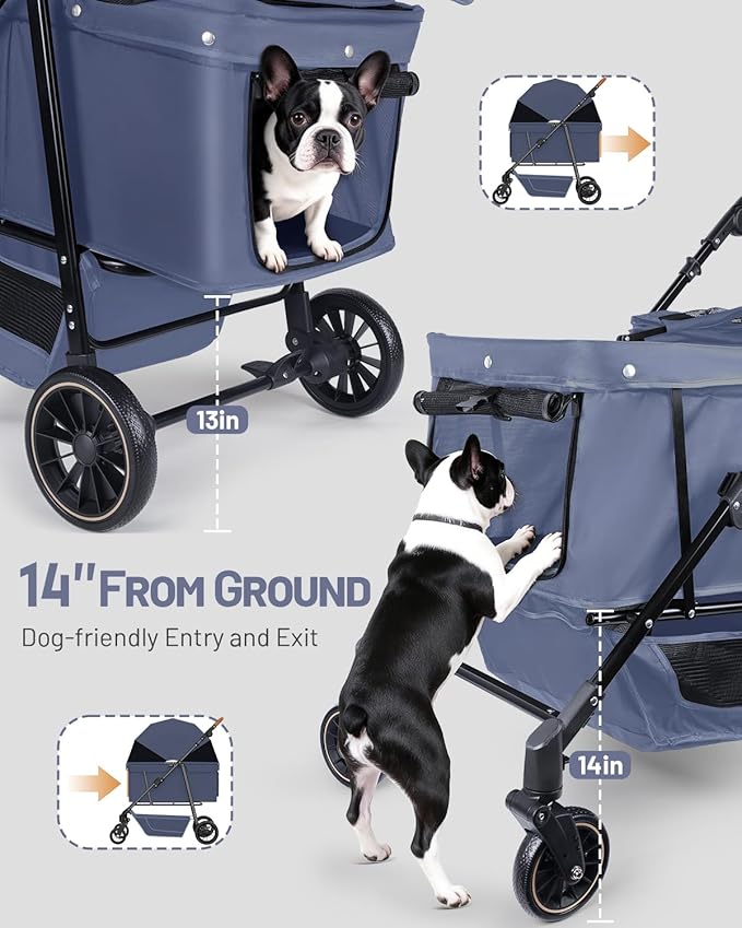 Dog Stroller for Large & Medium Dogs, Pet Stroller for 2 Small Dogs, Extra Large Heavy Duty, Foldable Design, Adjustable Handle, with Pocket, Up to 132 lbs(Navy Blue)