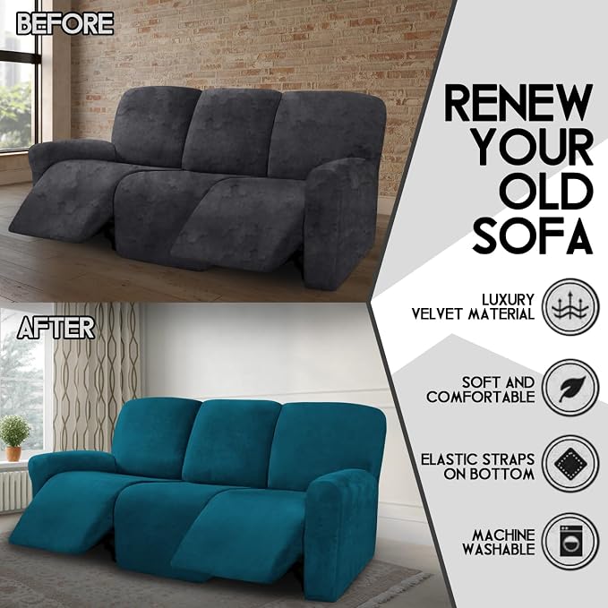 ULTICOR Velvet 8-Pieces Recliner Sofa Covers Stretch Reclining Couch Covers for 3 Cushion Reclining Sofa Slipcovers Furniture Covers Thick Soft Washable (3 Seater Recliner Cover, Deep Teal) - Image 5