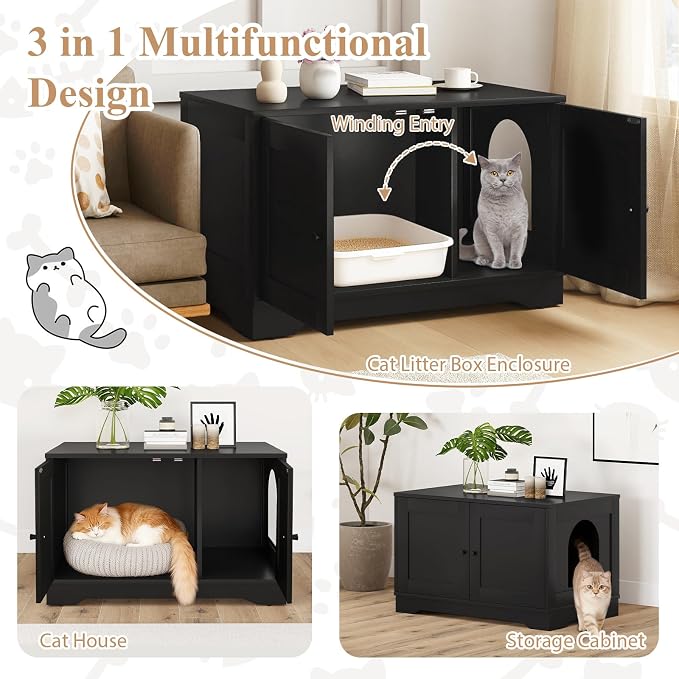 Tangkula Cat Litter Box Enclosure, Wooden Kitty Washroom Cabinet w/Winding Entry & Cat Hole, with Divider, Hidden Double Enclosed Litter Box Furniture for Living Room, Bedroom, Entryway (Black) - Image 5