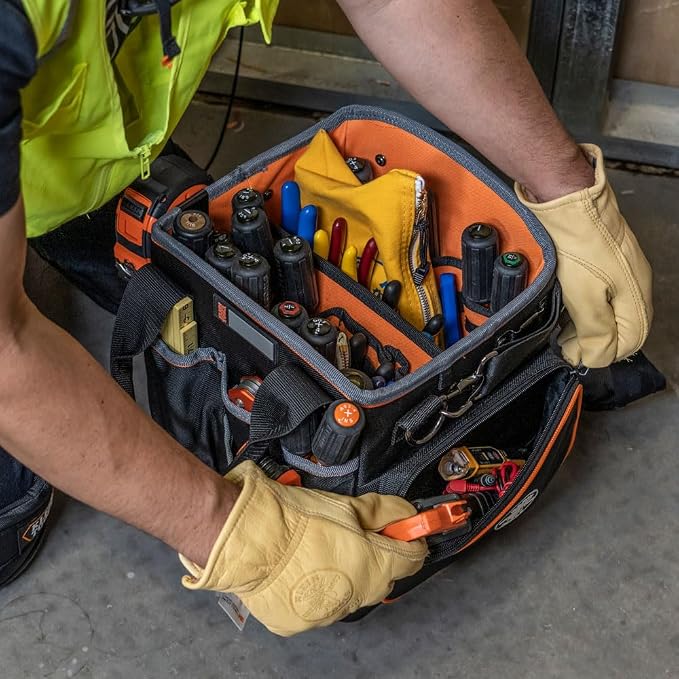 Klein Tools 5541610-14 Tool Bag with Shoulder Strap Has 40 Pockets for Tool Storage and Orange Interior - Image 8