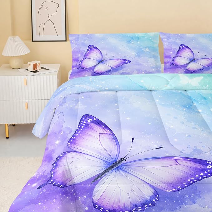 QOOMO Butterfly Comforter Queen Size Set - Watercolor Kids Bedding, 3Pcs With 2 Pillowcases, Down Alternative, Soft and Lightweight for All Seasons - Image 4