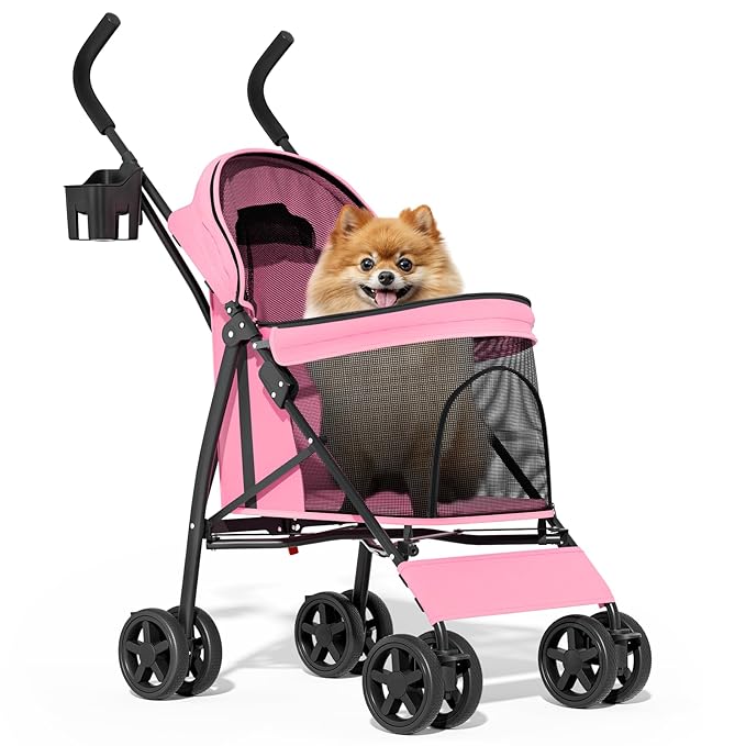 MoNiBloom 4 Wheels Pet Stroller, Easy-Fold Puppy Cage Jogger Stroller with Sun Cover, Pad and Rear Storage Bag, Breathable and Visible Mesh for Small/Medium Pets up to 22 lbs, Pink