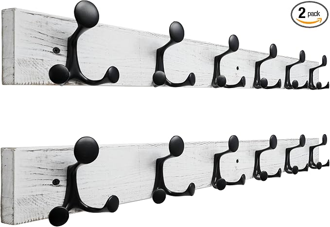 SKOLOO 36-Inch Wood Coat Rack Wall Mount with 6 Triple Hooks - Ideal for Family Entrances, Classrooms, and Pet Supplies Storage - Distressed White Wash, Pack of 2 by SKOLOO