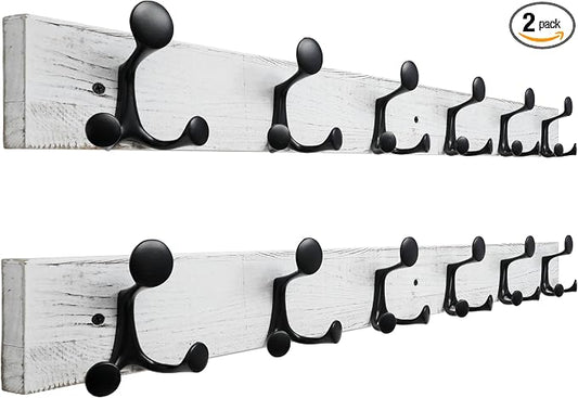 SKOLOO 36-Inch Wood Coat Rack Wall Mount with 6 Triple Hooks - Ideal for Family Entrances, Classrooms, and Pet Supplies Storage - Distressed White Wash, Pack of 2 by SKOLOO