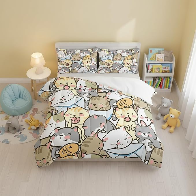 QOOMO Kawaii Cat Comforter Full Size,Cute Cat Comforter Set for Kids Teens Girls,3Pcs Bedding Set Printed Comforter with 2 Pillowcases,Down Alternative,Soft and Lightweight，Full Size - Image 2