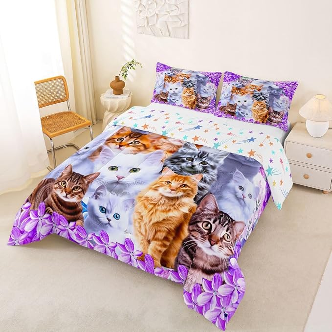 Feelyou Cartoon Cat Girls Comforter Set Pet Cats Kitten Bedding Set Kids Boys Cute Cat Floral Purple Bedding King Comforter Feline Animal Lovers Decor Warmth Soft Quilt with 2 Pillowcases 3Pcs Boys - Image 3