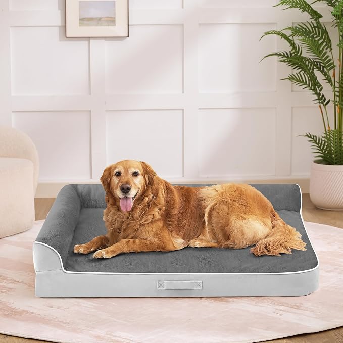 Dog Bed Large Sized Dogs, XXL Orthopedic Dog Bed for Large Dogs, Waterproof Pet Bed with Washable Removable Cover, L-Shaped Pet Couch with Portable Handle 48"x35"x7.5", Grey Flannel - Image 8