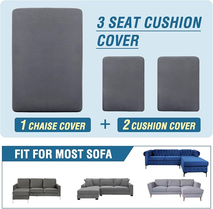 H.VERSAILTEX Sectional Couch Covers 3 Pieces Sofa Seat Cushion Covers L Shape Separate Cushion Couch Chaise Cover for Both Left/Right Sectional Couch (Seat Only: 1 Chaise + 2 Sofa, Grey) - Image 8