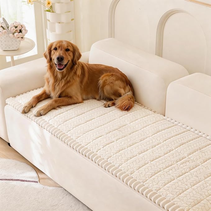 KRFOONN Non Slip Couch Cover for Dogs Washable Sofa Covers for 3 Cushion Couch Cushion Covers Sofa Slipcovers Couches Furniture Protector with Elastic Straps for Dogs Pets Mat (Beige, 27.6" x 82.7") by KRFOONN