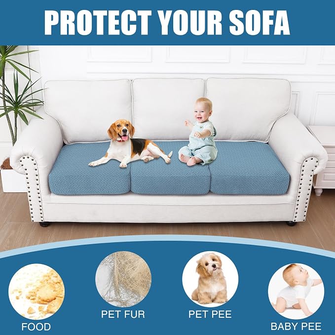 Smiry Waterproof Couch Cushion Covers, Non Slip Seat Cushion Covers | Stretch Jacquard Sectional Sofa Slipcover, Washable Elastic Furniture Protector for Pets, Kid, 3 Pieces, Blue - Image 5