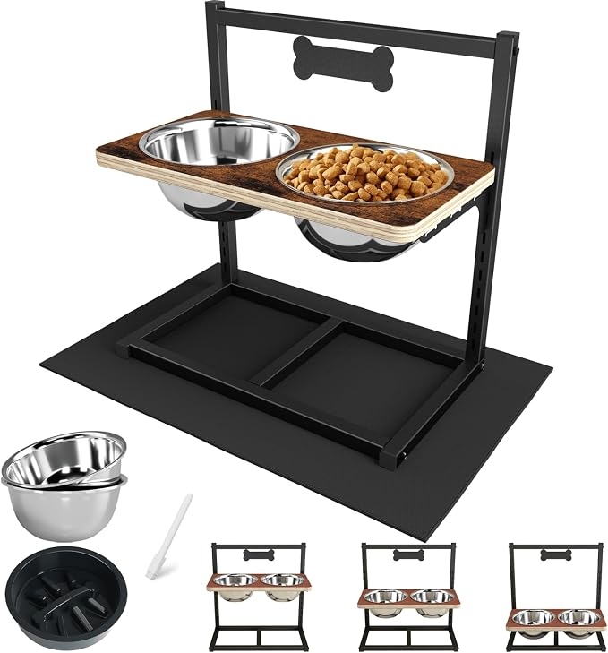 ADENGL Elevated Dog Bowls with Slow Feeder - 9 Heights Adjustable Raised Dog Bowl Stand with Two 1.7L Stainless Steel Dog Food Bowls & Slow Feeder and a Nonslip Pad, Perfect for Medium Large Breed by ADENGL