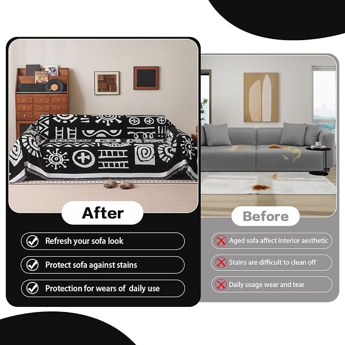DREAMINGO Black Japandi Couch Cover Boho Tribal Jacquard Sofa Covers for 2 Cushion Couch Thick Soft Chenille Living Room Furniture Loveseat Sectional Sofa Slipcovers Washable, Large 71"x118" - Image 5
