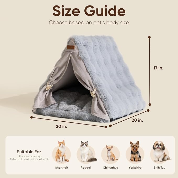 FUKUMARU Cat Cave Bed, Sturdy Frame Washable Cat Tent Bed with Curtain | Semi-Enclosed Cat Hideaway for Anxious Cats, Large Cozy Cat House for Indoor Cats, Soft Plush Covered Dog Bed, Grey - Image 6