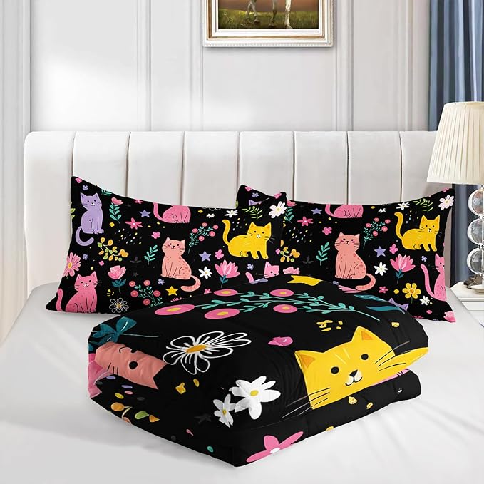 QOOMO Floral Cat Comforter Full Size,Black Cats Bedding Set for Kids Teens Girls,3Pcs Bedding Set Printed Comforter with 2 Pillowcases,Down Alternative,Soft and Lightweight(Black，Full Size) - Image 5