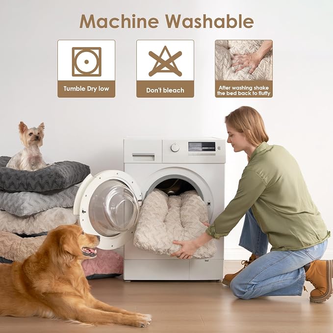 EHEYCIGA Washable Dog Bed for Crate 36x27 Inch, Anti-Slip L Plus Kennel Pad for Dogs Up to 55 lbs, Plush and Comfy Pet Sleeping Mat, Beige - Image 3