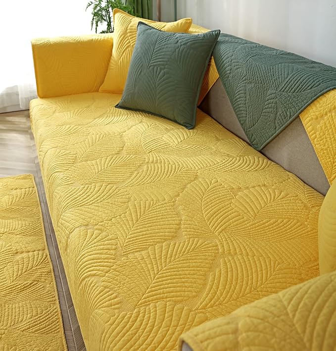 Solid Color Leaf Cotton Quilted Sofa Covers Anti-Slip Soft Sectional Couch Cover Washable Sofa Slipcover for Dogs Cats Pet (Yellow,28''x82'') - Image 5
