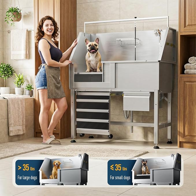 46" Dog Washing Station, Leak-Proof 304 Stainless Steel Dog Bathtub with Non-Slip Removable Left Stair & Storage Drawer, Elevated Pet Wash Station for Large Dogs, Indoor & Outdoor Use (Left Ramp) - Image 3