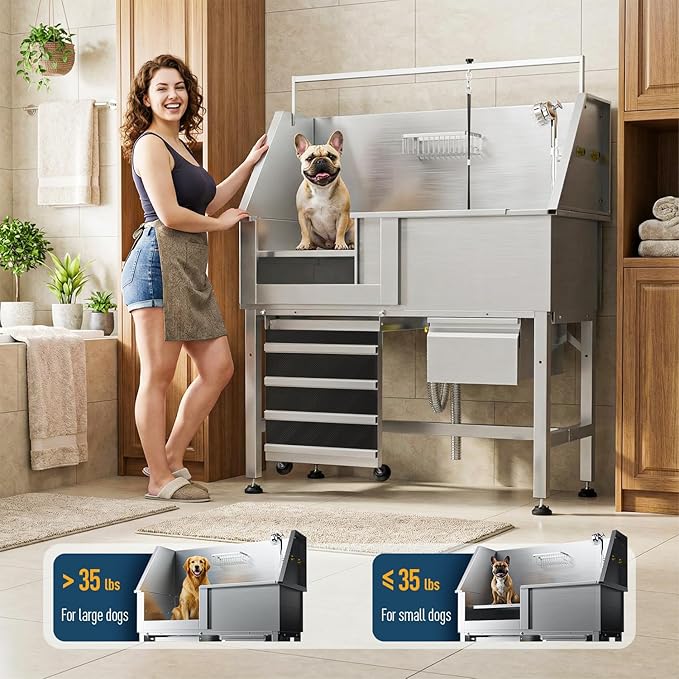 46" Dog Washing Station for Home,Professional Stainless Steel Dog Bathing Station Height Adjustable Do g Grooming Tub with Ramp, Drawer, Floor Grate & Fauct(Left Ramp) - Image 4