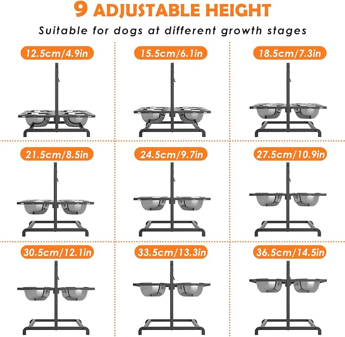 ADENGL Elevated Dog Bowl Stand with 4 Stainless Steel Bowls (1700ml/58oz) – 9 Height Adjustable Raised Pet Feeder from 4.9" to 14.5" for Large Dogs & Multi-Pet Homes, with Bone Name Tag - Image 4