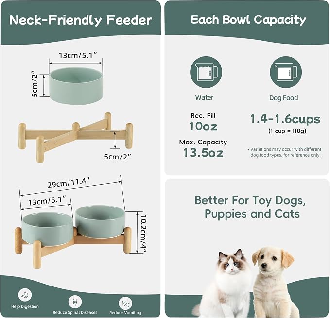 Havniva Elevated Dog Bowls Ceramic Dog Bowls with Stand, Dog Food Bowl | 5.1” Raised Dog Bowls with Non-Slip Wood Stand, Dog Food and Water Bowl Set, Double Dog Feeding Bowls for Small Dogs - Image 2